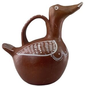 Vintage Folk Art Terracotta Duck Pitcher Hand Painted White Accent 12" Tall Rare
